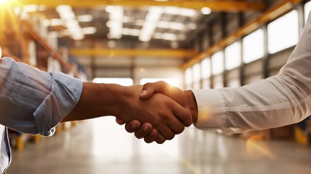 Business handshake between partners inside industrial warehouse facility. Corporate partnership agreement and logistics cooperation deal for trade and supply chain management