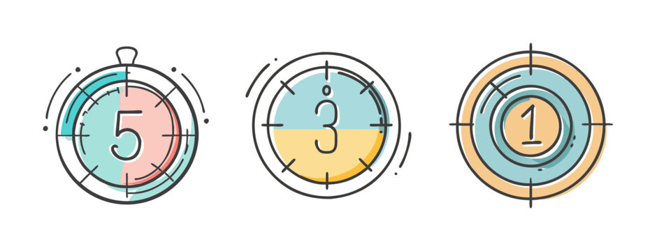 Set of three stylized countdown timer icons with numbers 5, 3, and 1.