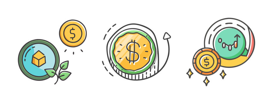 Cryptocurrency icons showing coins, plants, and growth charts as financial hedge.