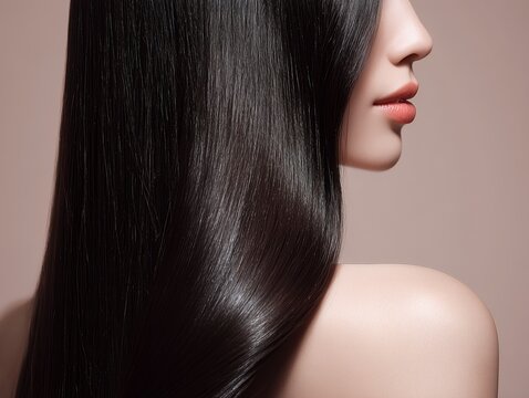 艶やかで美しいキューティクルが輝く黒髪ロングヘアをなびかせる横顔の女性の背中