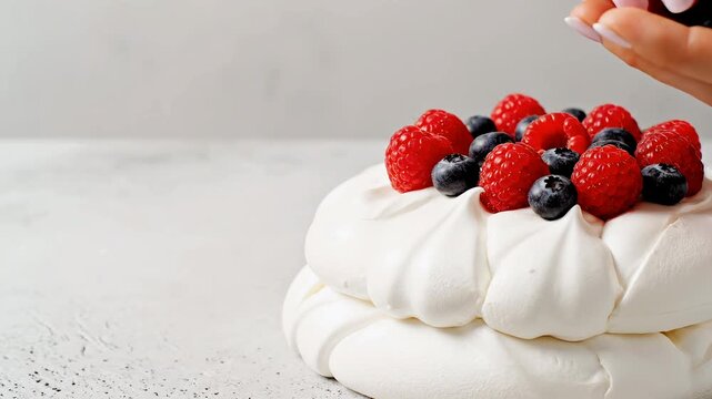 Delicious Pavlova meringue dessert topped with fresh raspberries and blueberries, being garnished by a hand.