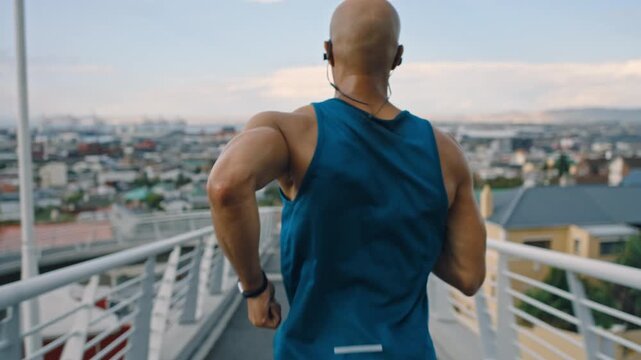 Fitness, back or runner in town with earphones, cardio playlist or stamina exercise in physical activity. Training, jog or male person with tech, sports podcast or endurance workout on bridge.