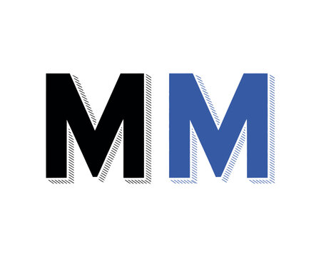 A stylized logo featuring two large M's in black and blue with a white background