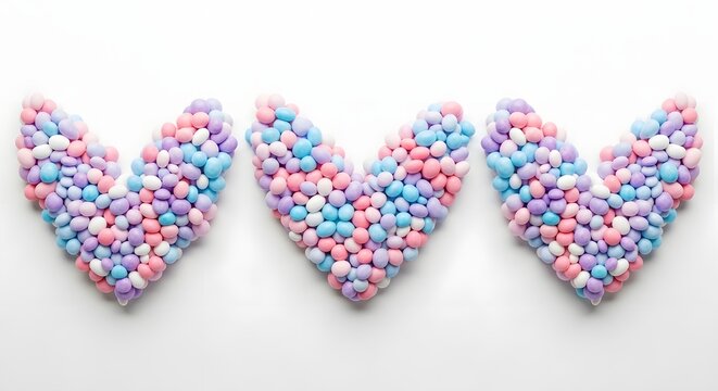 Three colorful beaded hearts arranged in a row on a white background