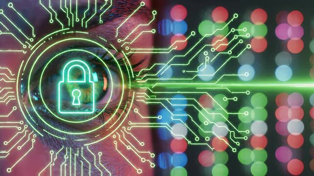 Biometric eye scan with digital circuit board and padlock security. Retina recognition and data encryption technology for identity authentication and network safety. Cybersecurity surveillance system