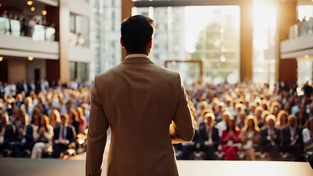 Business speaker on stage addressing large audience at corporate conference and keynote event. Professional leadership seminar and motivational public speaking at indoor forum and summit. Executive