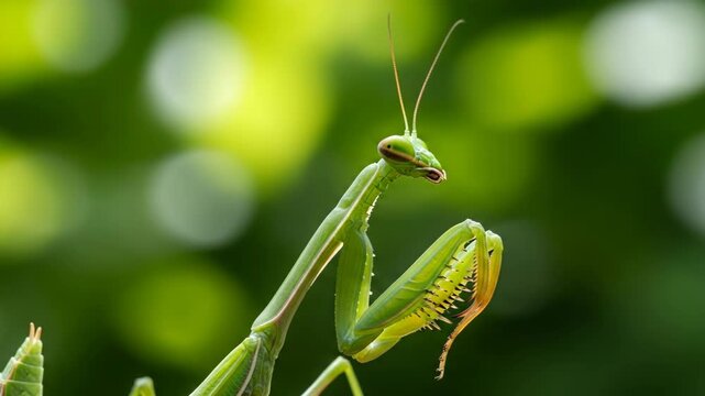Close-up profile of a green praying mantis with large eyes and thorny forelegs against a soft green bokeh background