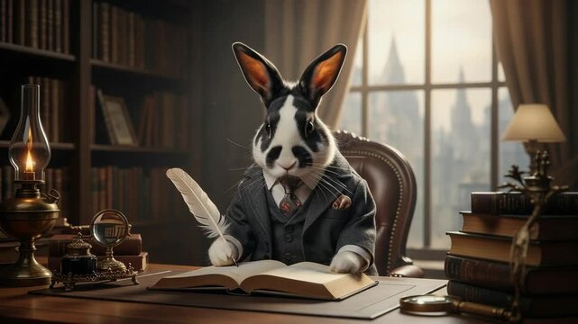 Sophisticated bunny in suit writes with feather quill at desk in library study