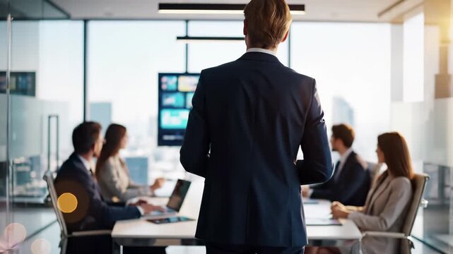 Business leader presenting corporate strategy to team in modern boardroom. Executive management meeting and professional staff collaboration in glass office with city view. Leadership and planning