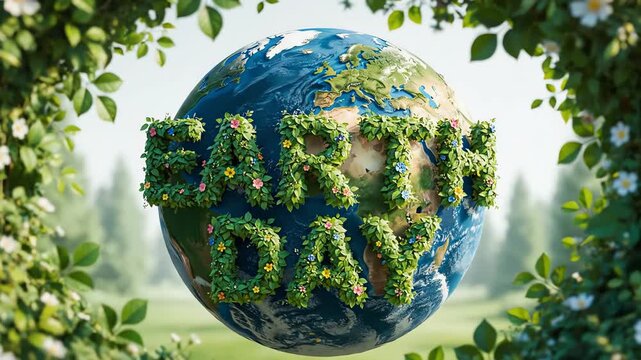 Vibrant 3d render of planet earth with 'earth day' text made of green leaves and flowers, framed by lush foliage.