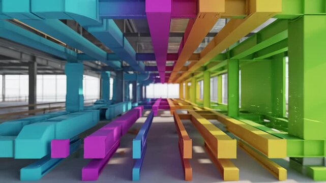 Colorful beams and structural elements inside industrial building . Vivid architectural of geometric framework passage. Abstract creative interior design and bold spectrum structure backdrop