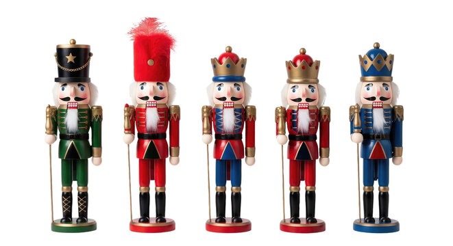 Five colorful nutcracker soldiers lined up