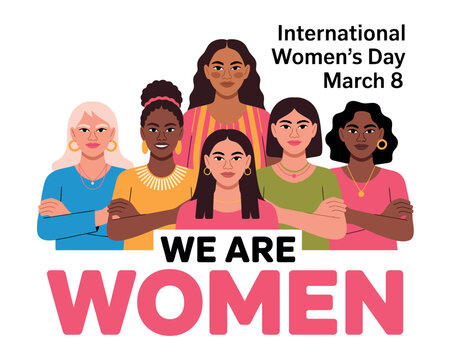 A diverse group of women celebrating International Women's Day on March 8