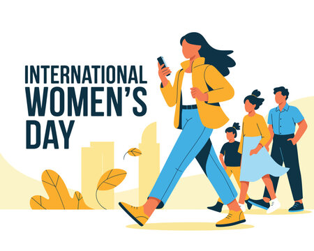 A vibrant illustration celebrating International Women's Day with a diverse group of people walking together