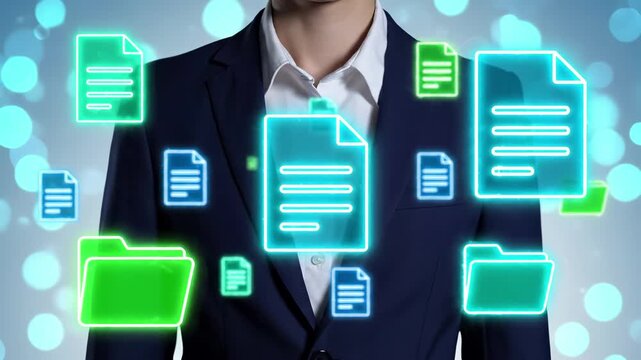 Business professional surrounded by digital document and folder icons. Paperless office file management system with glowing virtual files and folders. Corporate data storage workflow automation