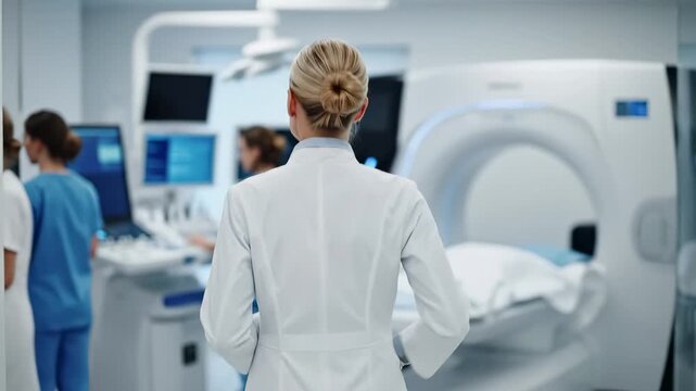 Doctor in white coat standing before mri scanner machine in hospital radiology with medical team and monitors. Advanced diagnostic imaging and technology equipment. Healthcare facility and clinical