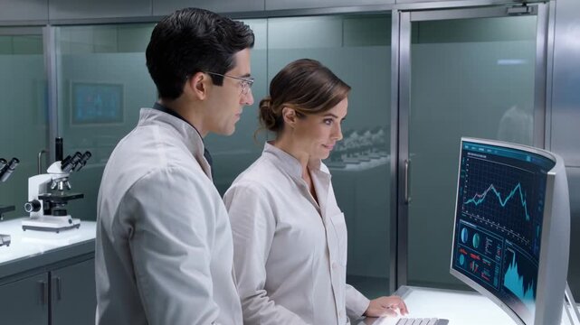 Scientist and businesswoman analyzing environmental data and metrics on a computer screen in a modern laboratory