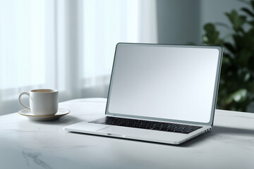 Fototapeta premium A modern workspace featuring a laptop and a coffee cup on a table