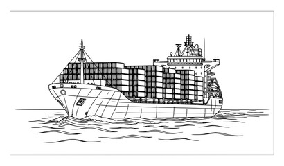 Fototapeta premium Detailed cargo ship line art coloring page with containers and ocean waves freighter vector illustration