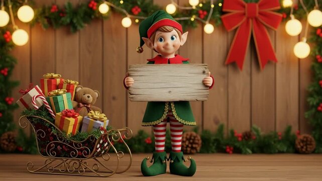 Joyful Christmas Elf Holding Blank Wooden Sign Beside Sleigh Full of Presents