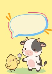 Fototapeta premium Cute cartoon chick gives flower to cow, symbolizing kindness and friendship. Yellow background, empty speech bubble for messages, cards, or children's designs