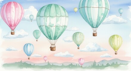Obraz premium Watercolor Hot Air Balloons Floating in a Dreamy Sky.