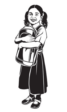 A school girl kid black and white vector Stencil art