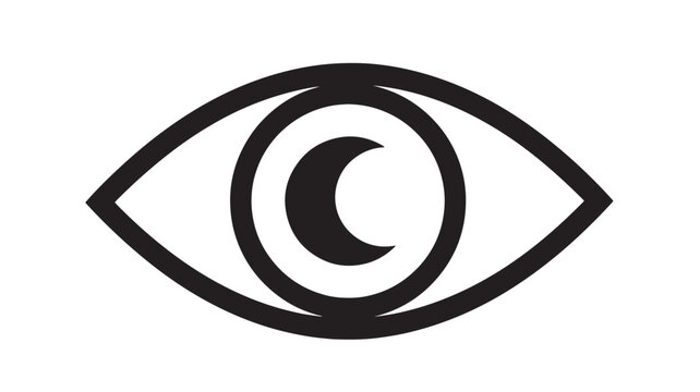 Eye silhouette with a crescent moon inside the iris, representing night vision or hidden observation in black line art.
