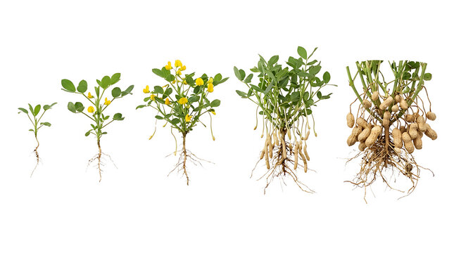 Growth stages of a peanut plant from seedling to mature plant with harvested peanuts.