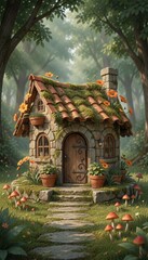 Fototapeta premium Cottage Core Fairy Tale House Illustration with Stone Path and Nature Setting