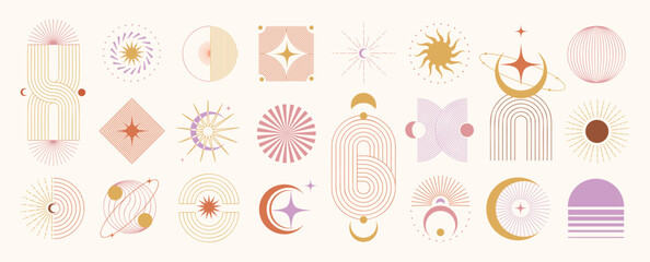 Mid-century modern celestial geometric abstract icon set vector. Retro sun moon star rainbow and orbit symbol collection for boho wall art, logo design, posters, branding and decorative graphics. © TWINS DESIGN STUDIO