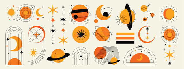 Mid-century modern celestial sun moon planet star abstract icon set vector. Retro cosmic symbol collection with boho line art elements for wall art, logo design, posters, branding and decorative art. © TWINS DESIGN STUDIO