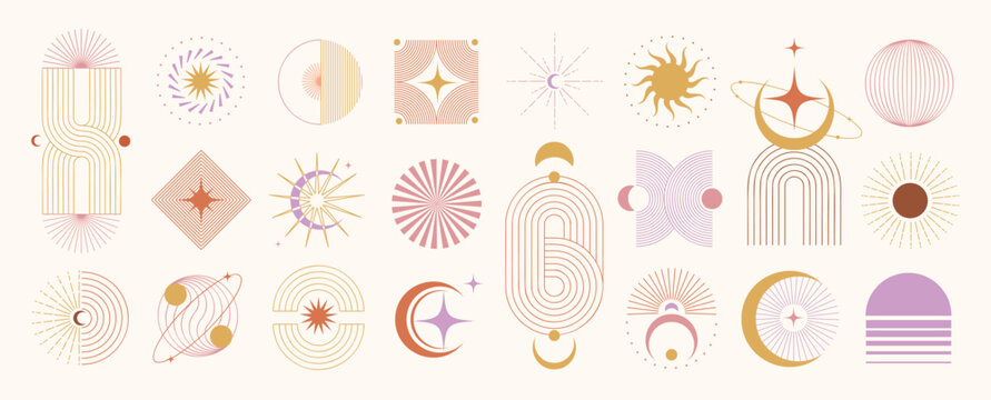Mid-century modern celestial geometric abstract icon set vector. Retro sun moon star rainbow and orbit symbol collection for boho wall art, logo design, posters, branding and decorative graphics.