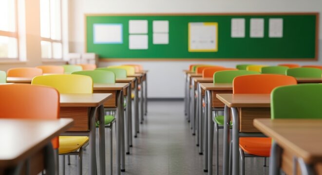 Empty classroom with colorful desks and chairs