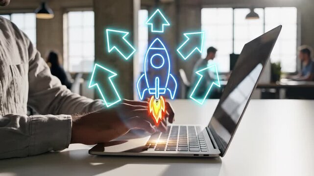 Rocket launch symbol above laptop keyboard in office workspace. Business growth and startup acceleration technology digital innovation. Arrows pointing outward represent expansion and performance