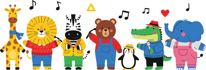 Fototapeta premium Cute Cartoon Animals Singing Music Band Characters Vector Illustration Set