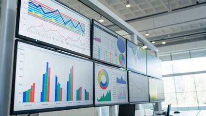 Fototapeta premium Multiple monitors displaying various colorful charts and graphs in a modern office environment.