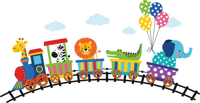 Cartoon Girl with Toys and Books, Playful Child with Giraffe, Cat, and Teddy Bear, Fun Kids Illustration