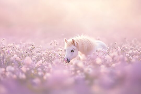 Falabella miniature horse in flower field Pastel