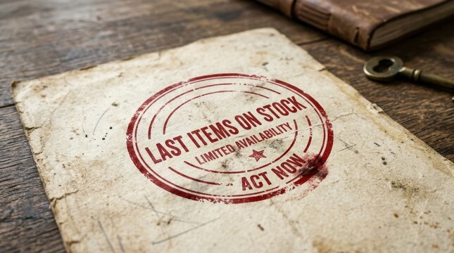 Last Items on Stock limited availability red stamp on distressed paper, act now for a special offer