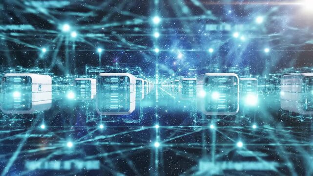 digital server units connected by glowing network grid nodes in space. Cloud computing data center infrastructure and distributed system. Farm and global internet processing technology