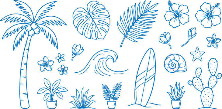 Tropical summer vacation elements with palm trees surfboards and exotic plants on white background