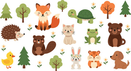 Fototapeta premium Cute Forest Animals with Trees and Flowers Cartoon Vector Illustration Set
