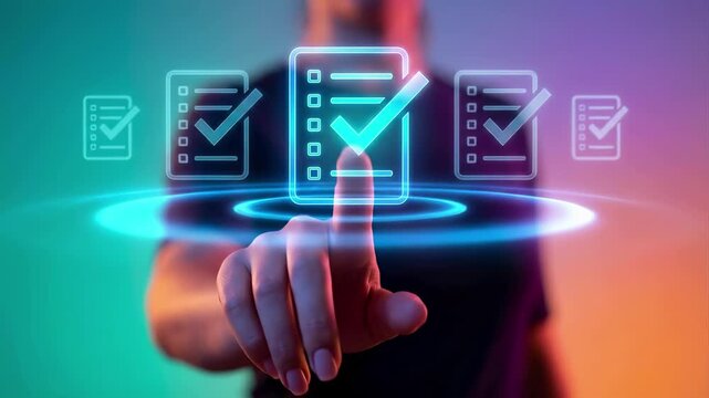 Finger pointing at glowing digital checklist with checkmark clipboard icons. Task management and compliance verification interface. Business approval and quality assurance multi document confirmation