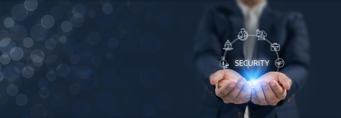 Global security economy and Risk management concept. Holding digital security icons representing global security economy, risk management, protection systems, economic stability in a connected world.