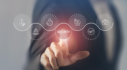 Global security economy and risk management integration concept. Interacting with digital security ecosystem. Global economy protection, risk management and integrated systems.