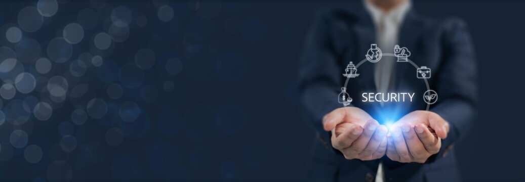 Global security economy and Risk management concept. Holding digital security icons representing global security economy, risk management, protection systems, economic stability in a connected world.