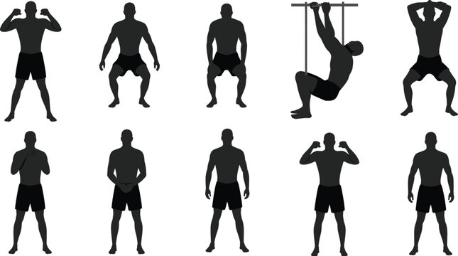 Fitness exercise silhouettes workout poses strength training calisthenics squatting standing flexing hanging bar physical activity vector illustration design
