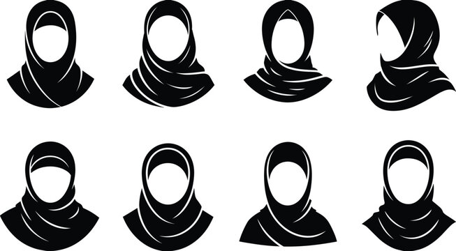 Hijab style silhouettes headscarf fashion cultural clothing modest wear traditional Muslim attire vector illustration artwork design collection