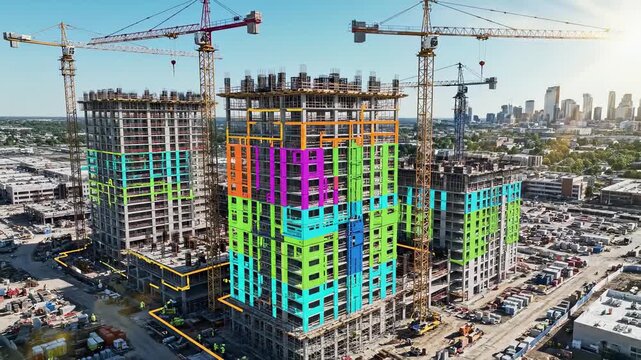 high rise building under construction with segment overlays and tower cranes. Bim planning and smart development visualization. Urban real estate and architectural engineering project management